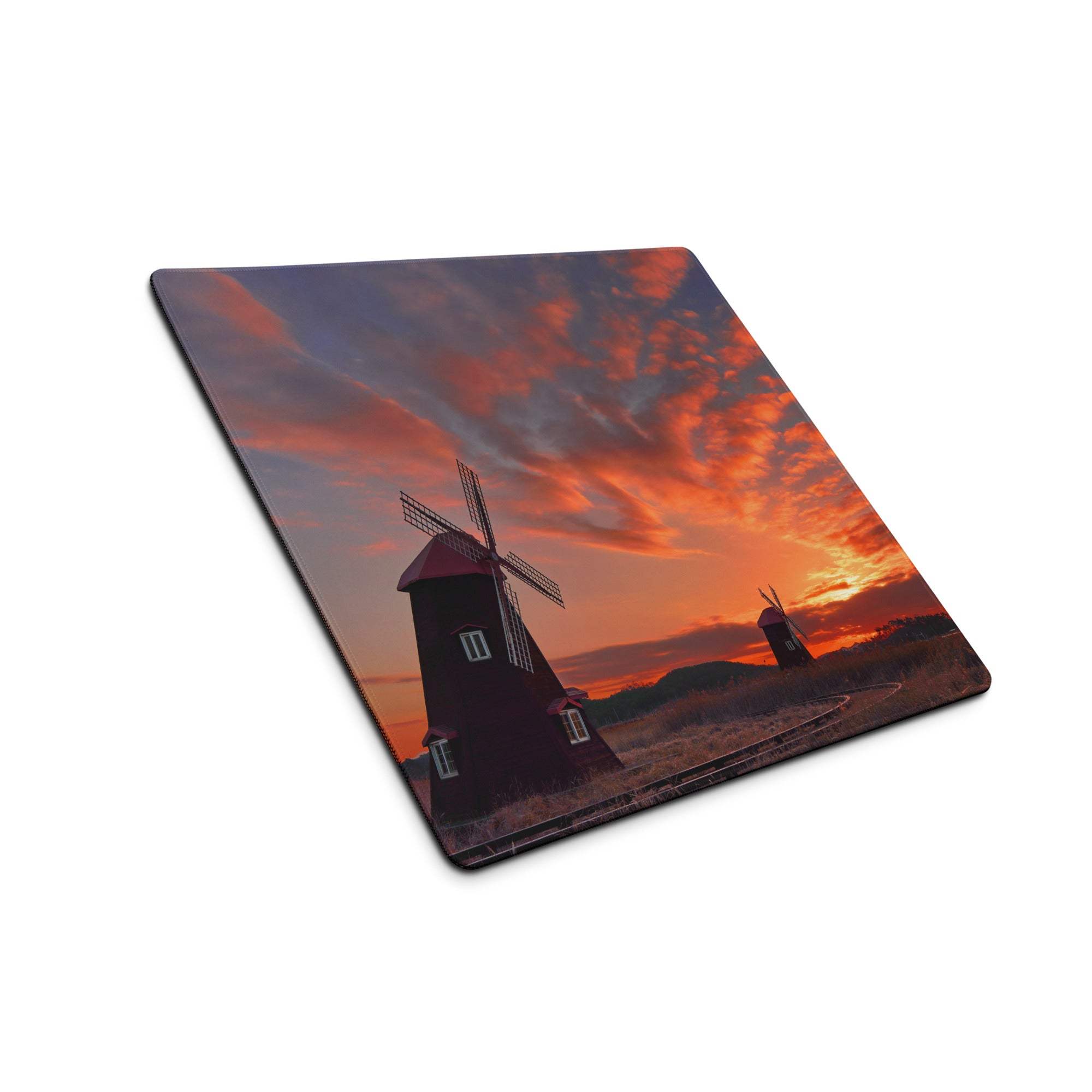 Square coaster with vivid sunset windmills on gaming mouse pad