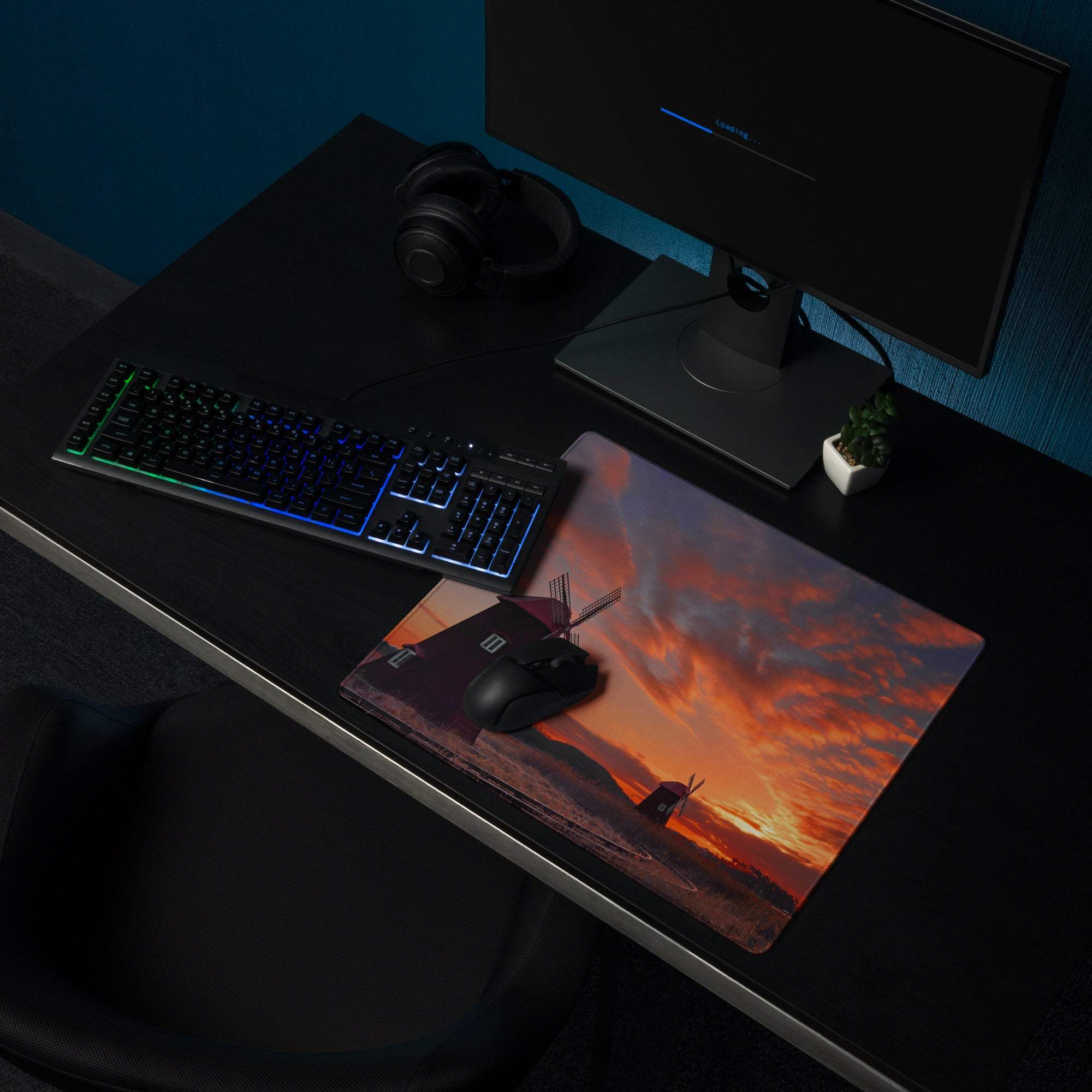 Vibrant sunset windmill gaming mouse pad with dramatic sky