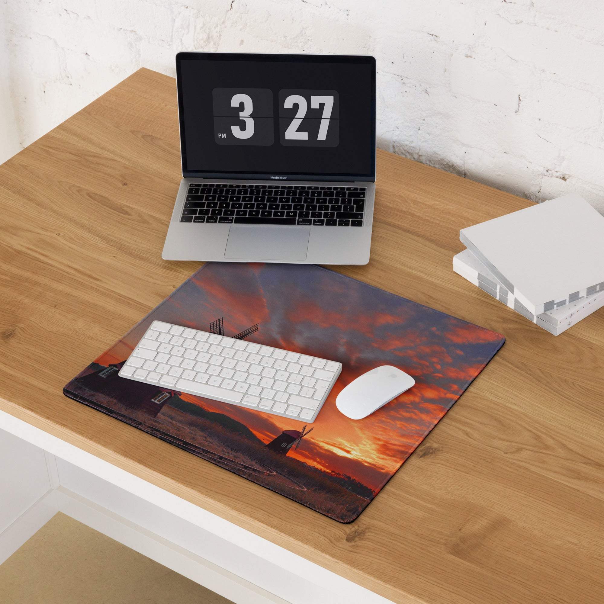 Vibrant sunset windmill gaming mouse pad with orange hues and dramatic sky