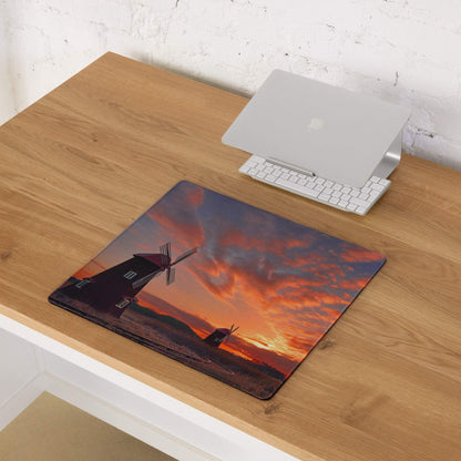 Vibrant sunset windmill landscape gaming mouse pad with orange hues