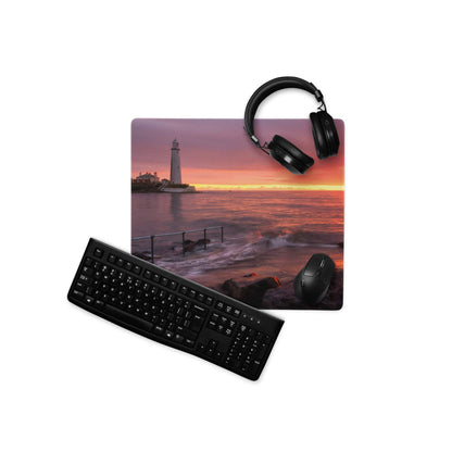 Epic Sunset Seascape gaming mouse pad with lighthouse sunset, non-slip base