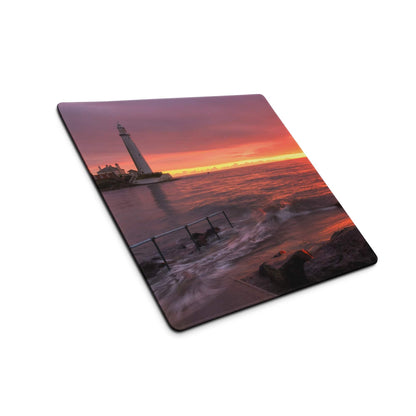Epic sunset seascape rectangular coaster with white lighthouse, non-slip base