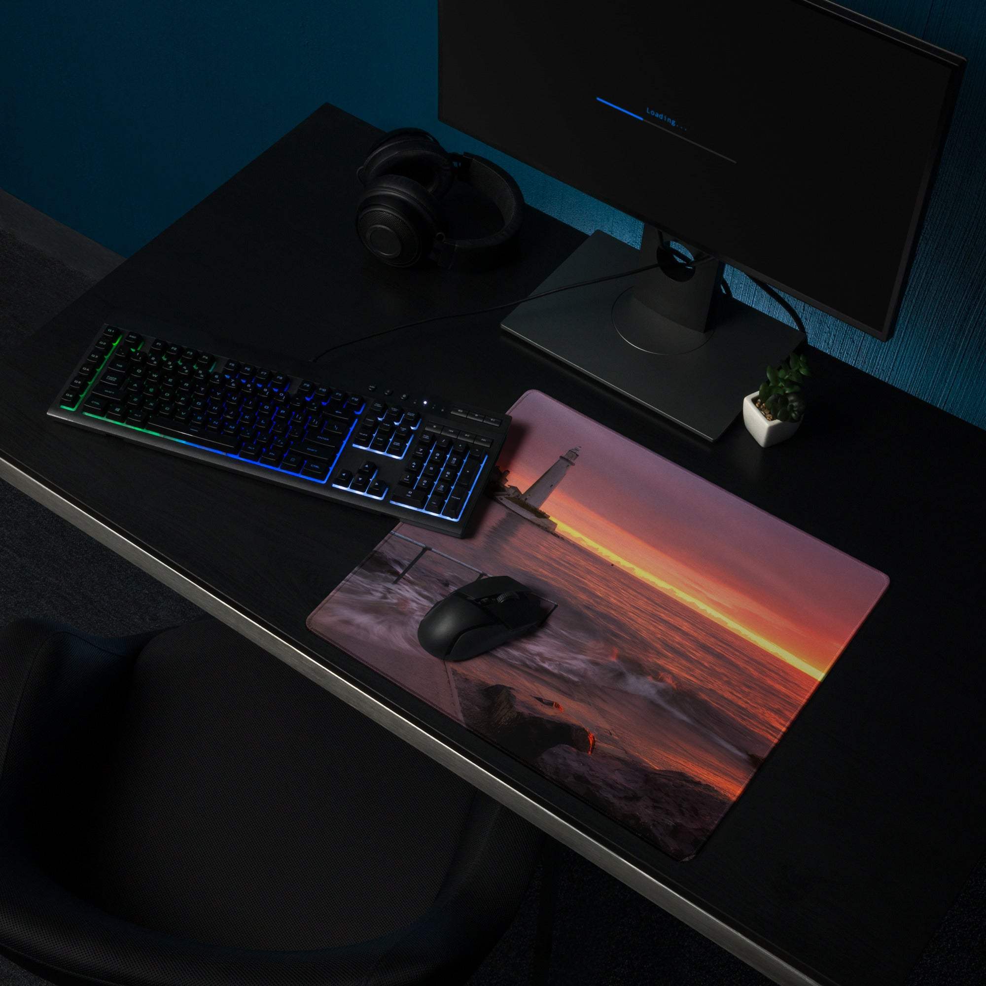 Epic Sunset Seascape gaming mouse pad with lighthouse, waves, non-slip base