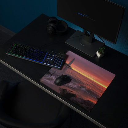 Epic Sunset Seascape gaming mouse pad with lighthouse, waves, non-slip base