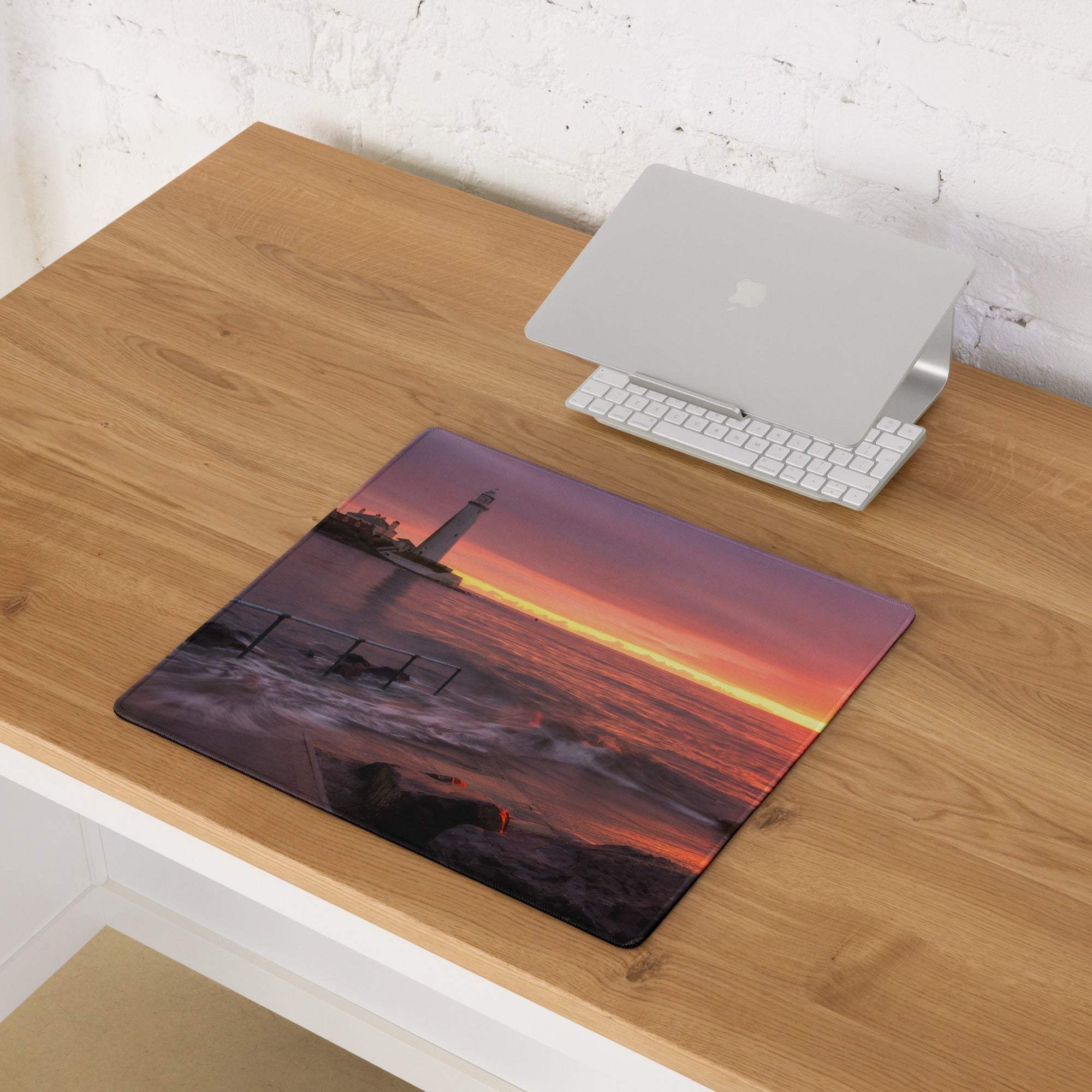Epic Sunset Seascape gaming mouse pad with ocean sunset, lighthouse, non-slip base