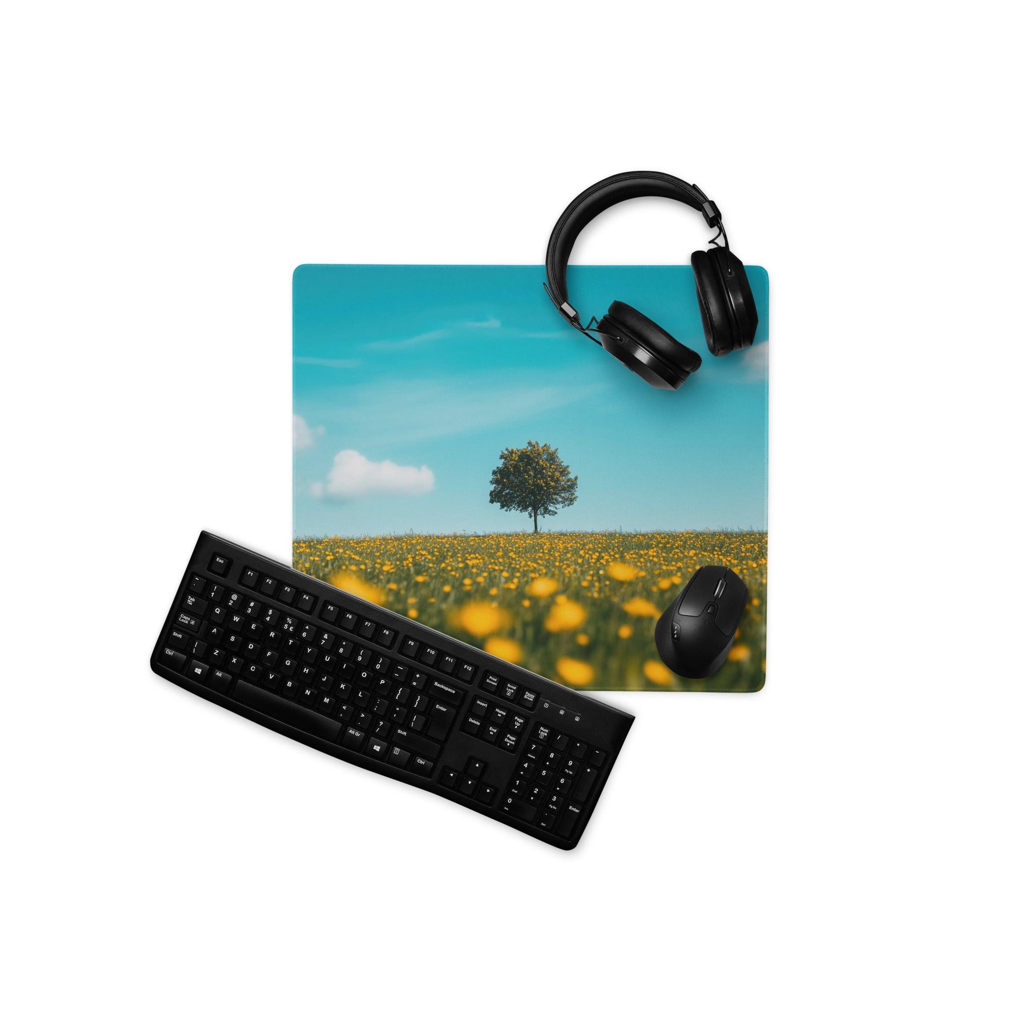 Large scenic yellow flower field gaming mouse pad with headphones and keyboard