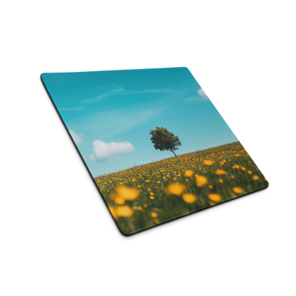 Large square gaming mouse pad with tree in yellow flower field, blue sky