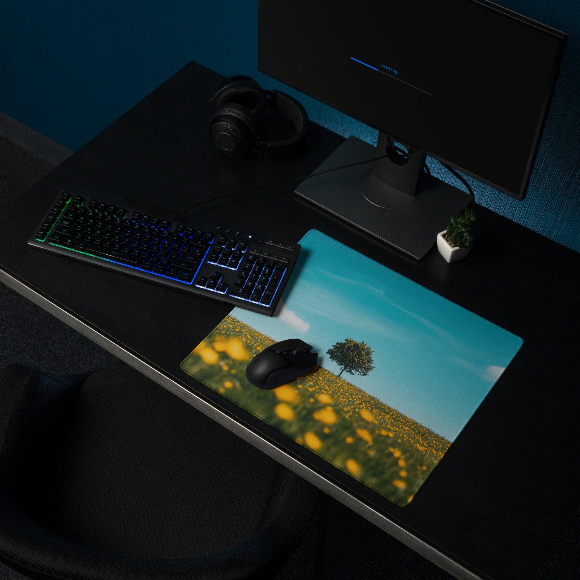 Large scenic yellow flower field gaming mouse pad with edge stitching