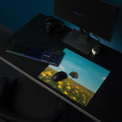 Large scenic yellow flower field gaming mouse pad with edge stitching