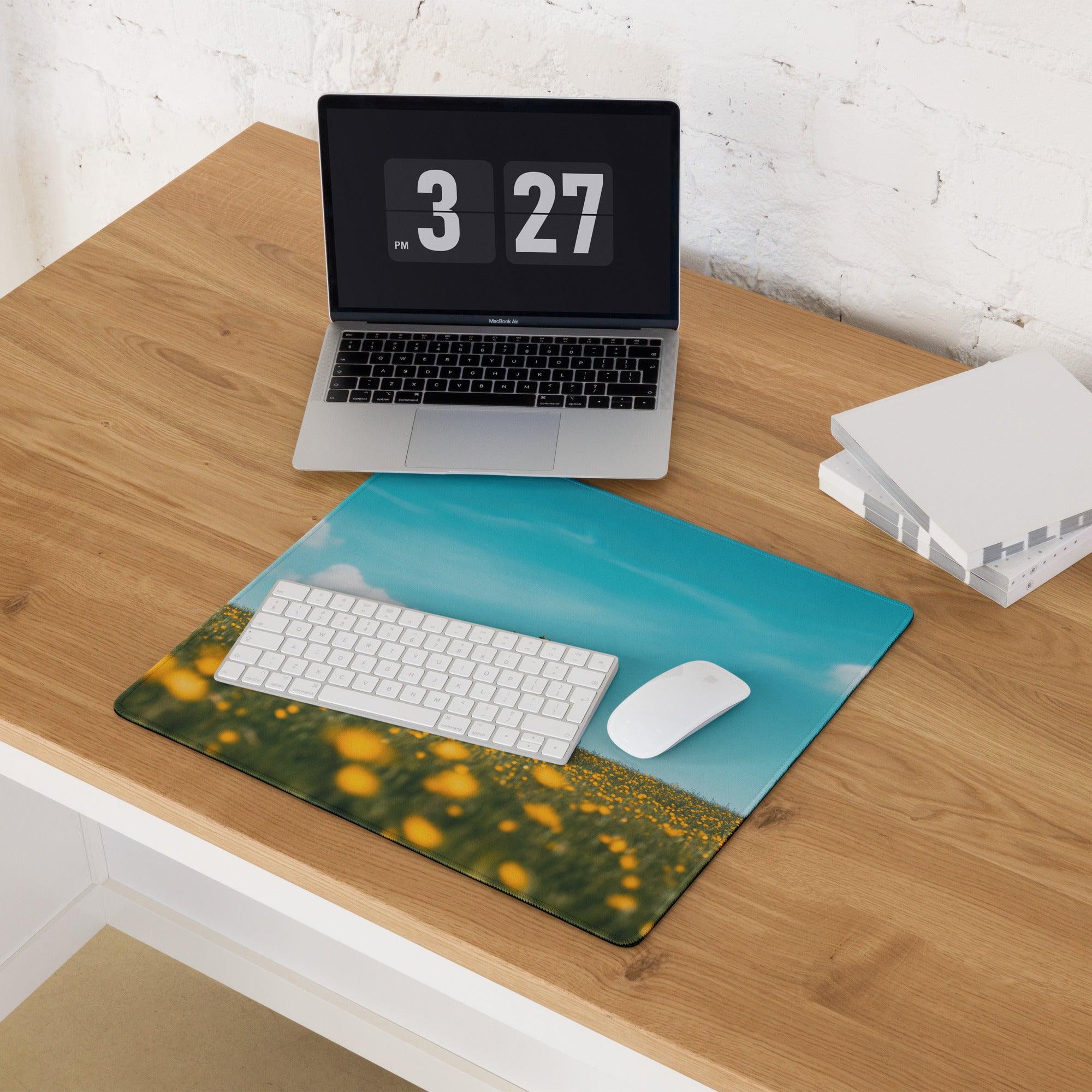 Blue green field gaming mouse pad with yellow flowers large size