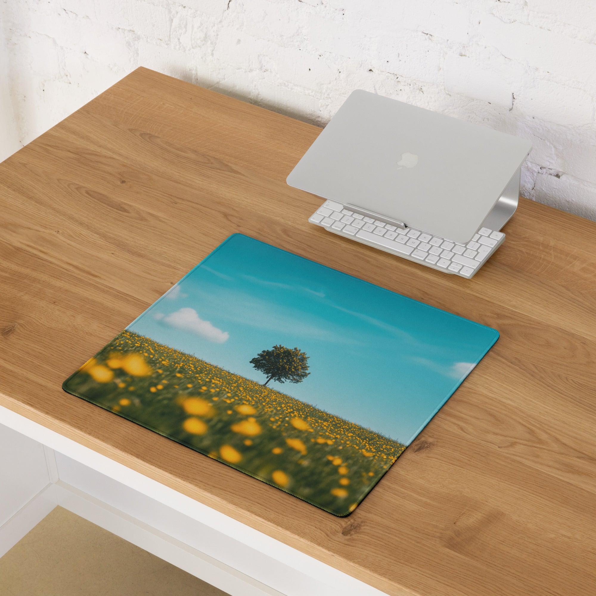Large scenic yellow flower field gaming mouse pad with lone tree print