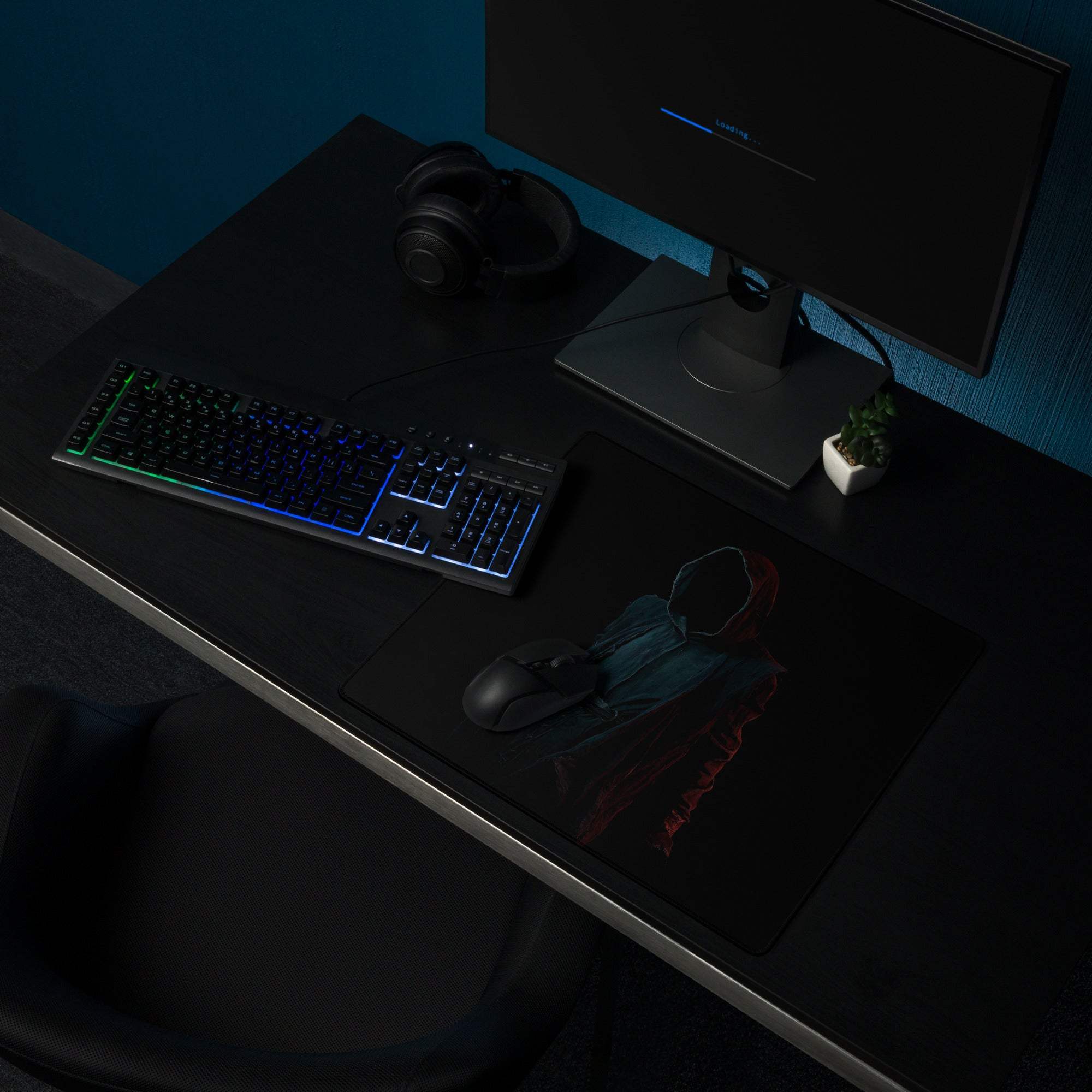 Epic Dark Neon Hooded Figure black gaming mousepad with red blue graphics