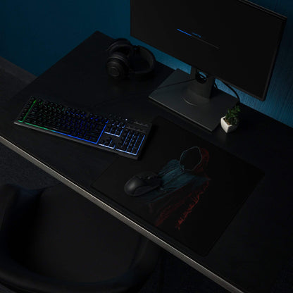 Epic Dark Neon Hooded Figure black gaming mousepad with red blue graphics