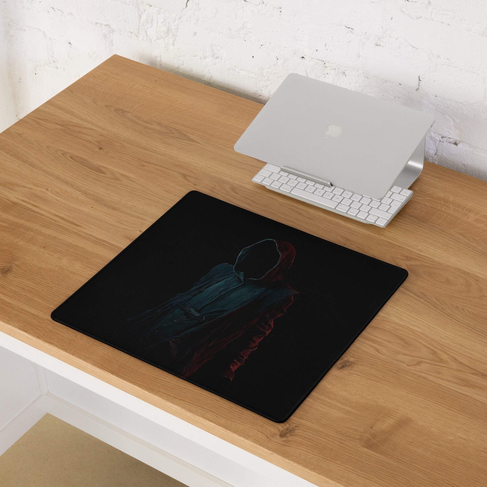 Black Epic Dark Neon hooded figure gaming mousepad, teal red design