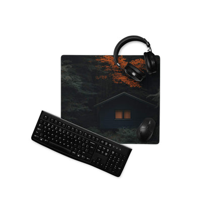 Mystic Forest Cabin dark gaming mouse pad with headphones, keyboard, mouse