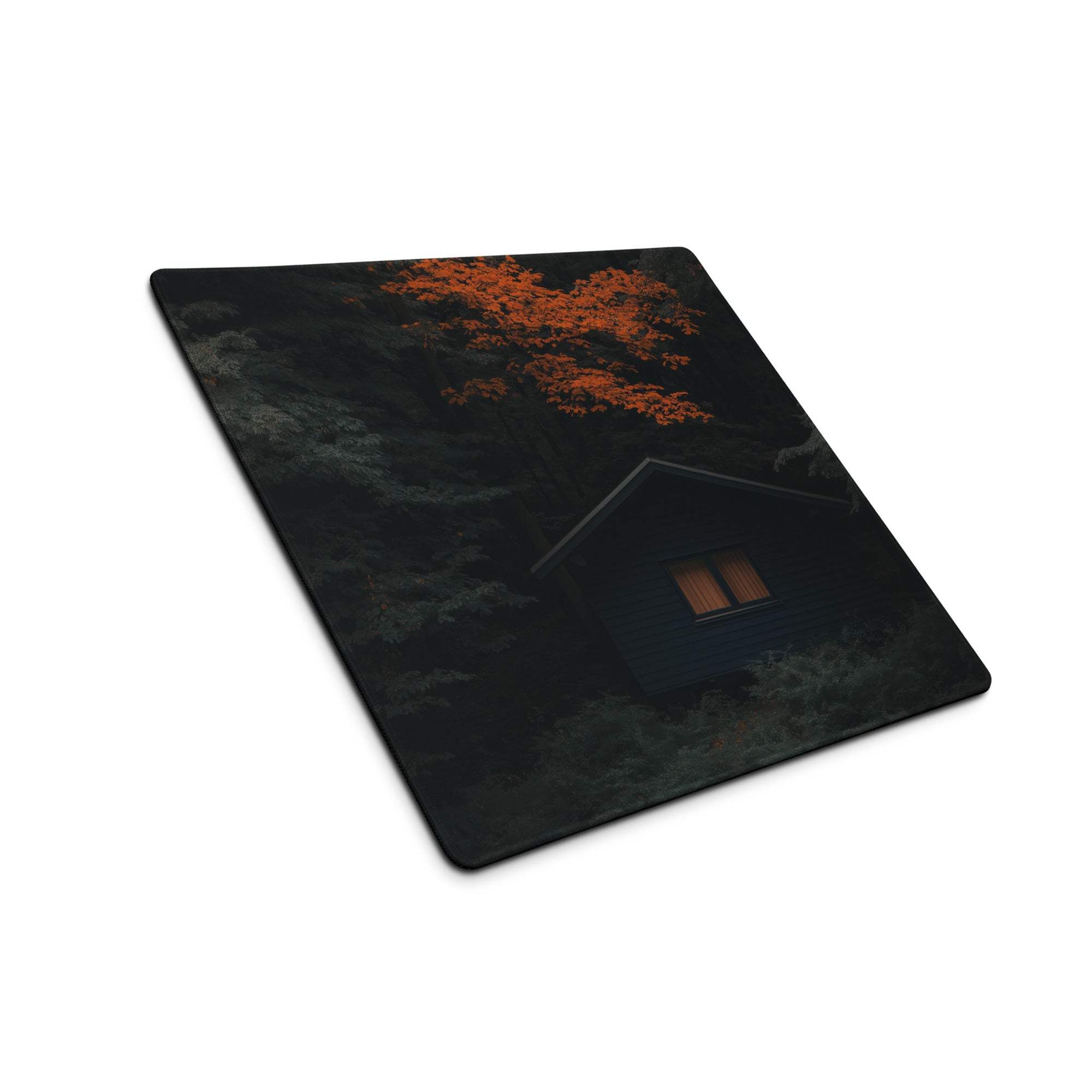 Mystic Forest Cabin gaming mouse pad with nocturnal cabin and orange tree