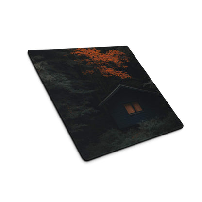 Mystic Forest Cabin gaming mouse pad with nocturnal cabin and orange tree
