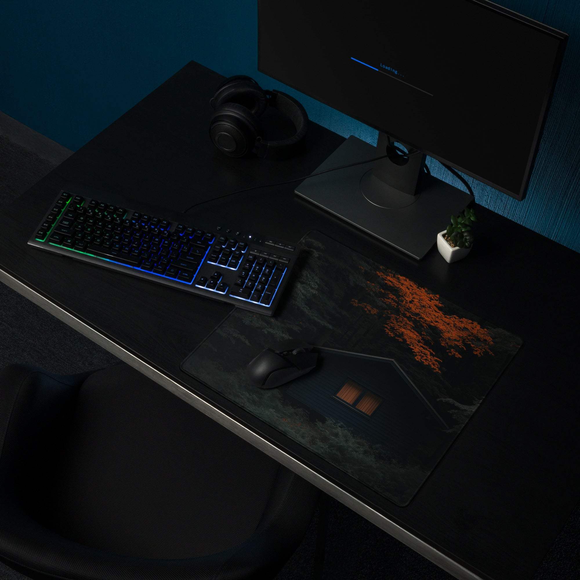 Mystic Forest Cabin dark gaming mouse pad with orange tree glow