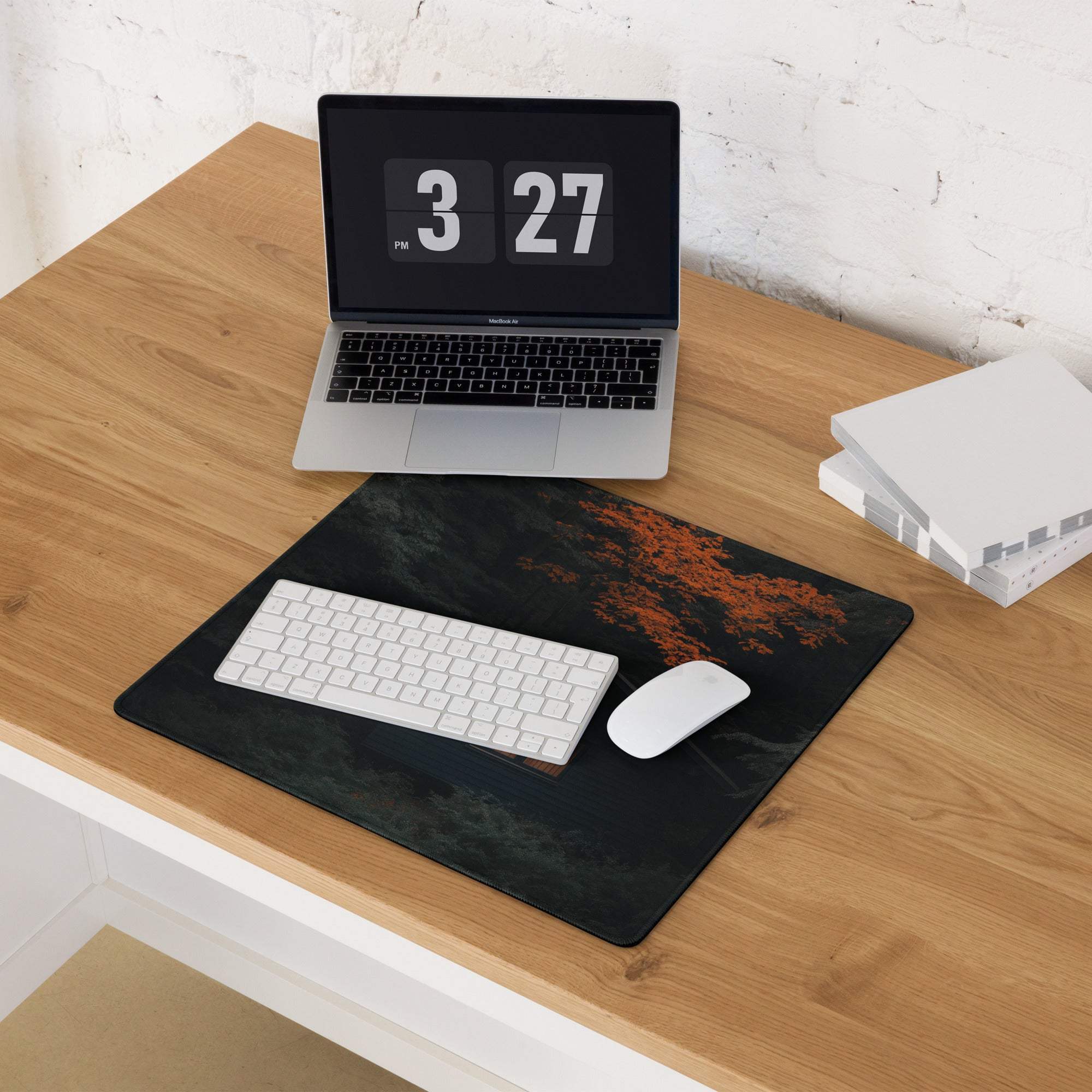 Black Mystic Forest Cabin mousepad with orange tree on dark background
