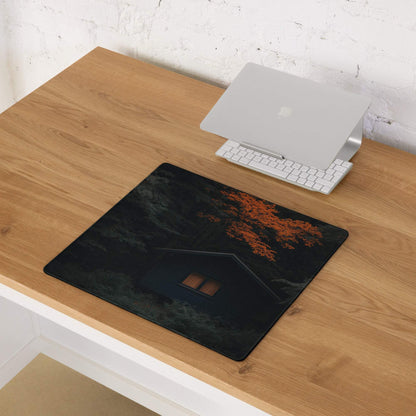 Mystic Forest Cabin gaming mouse pad with glowing house and orange autumn leaves