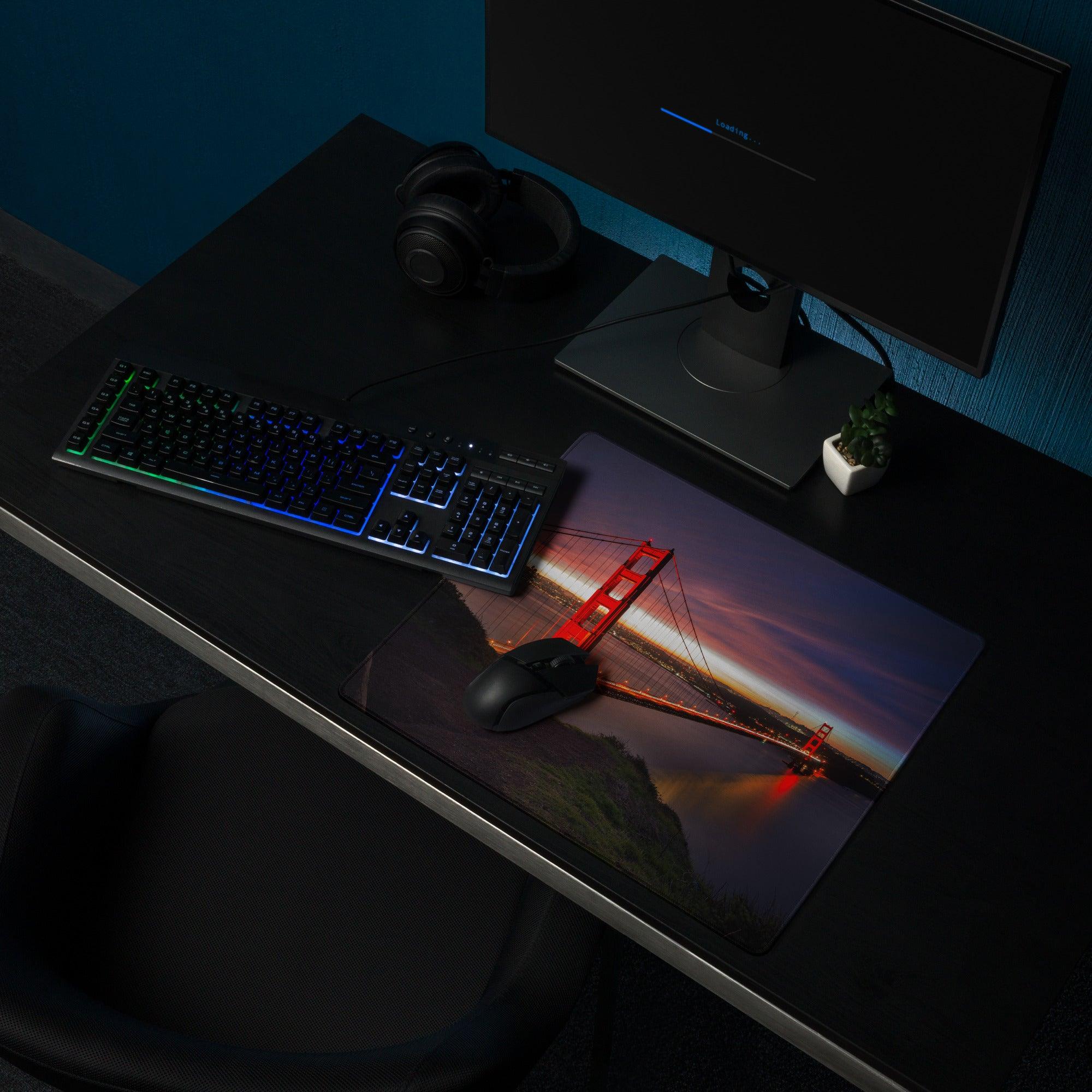 Epic Sunset Golden Gate Bridge gaming mouse pad with non-slip base