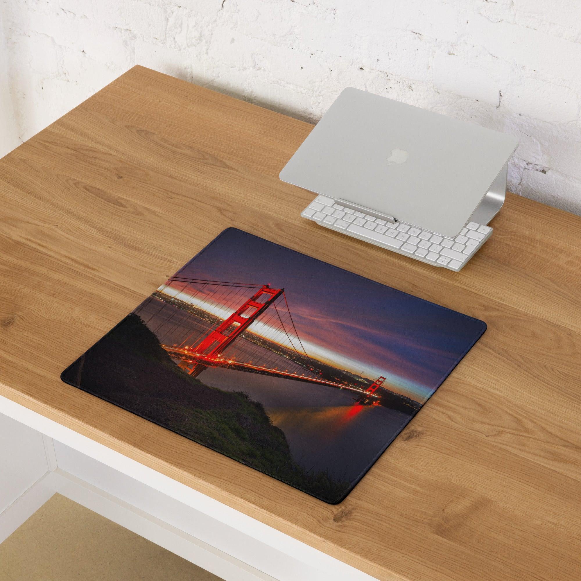 Epic Golden Gate Bridge gaming mouse pad with non-slip base, stitched edge