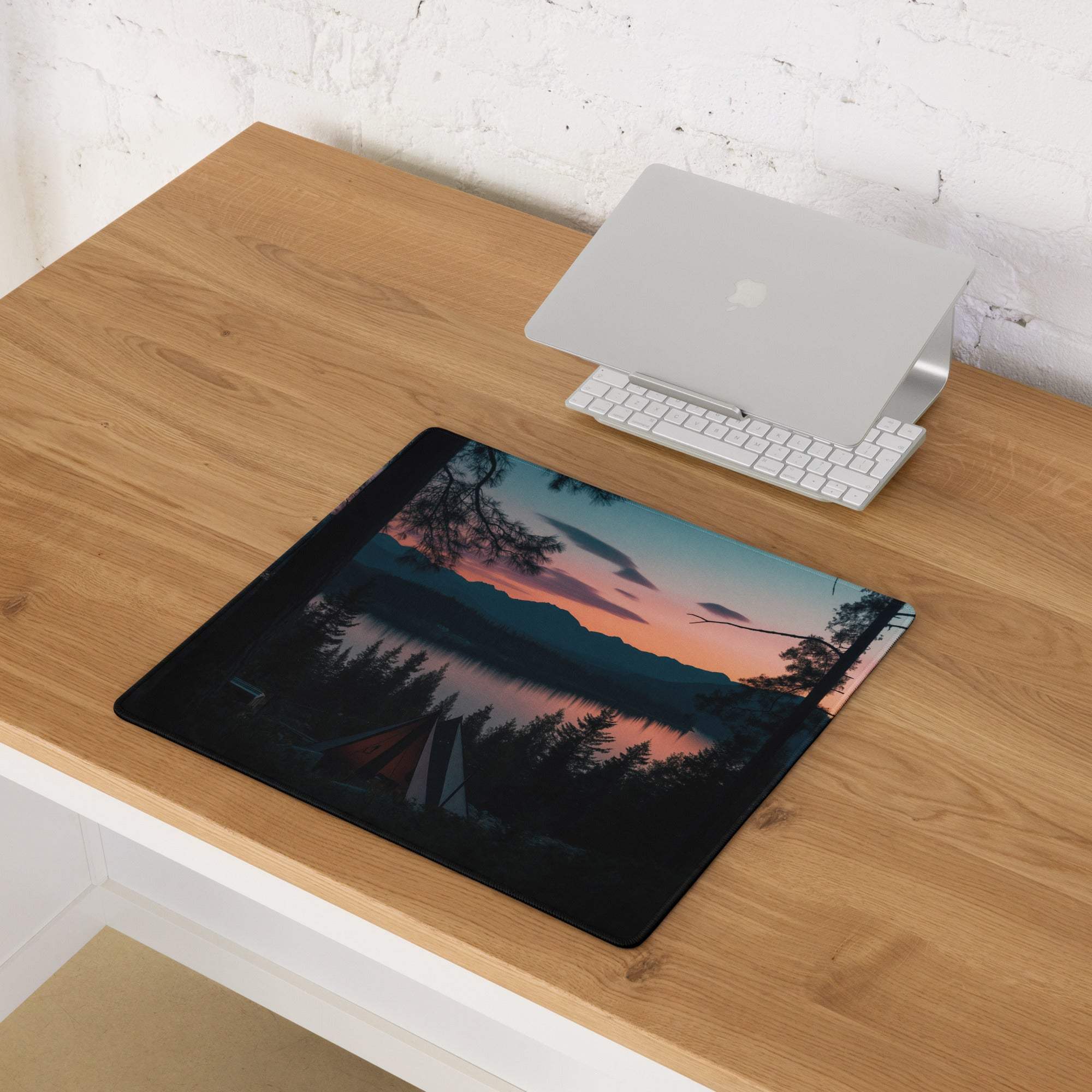 Sunset forest camping scene large gaming mouse pad with mountains