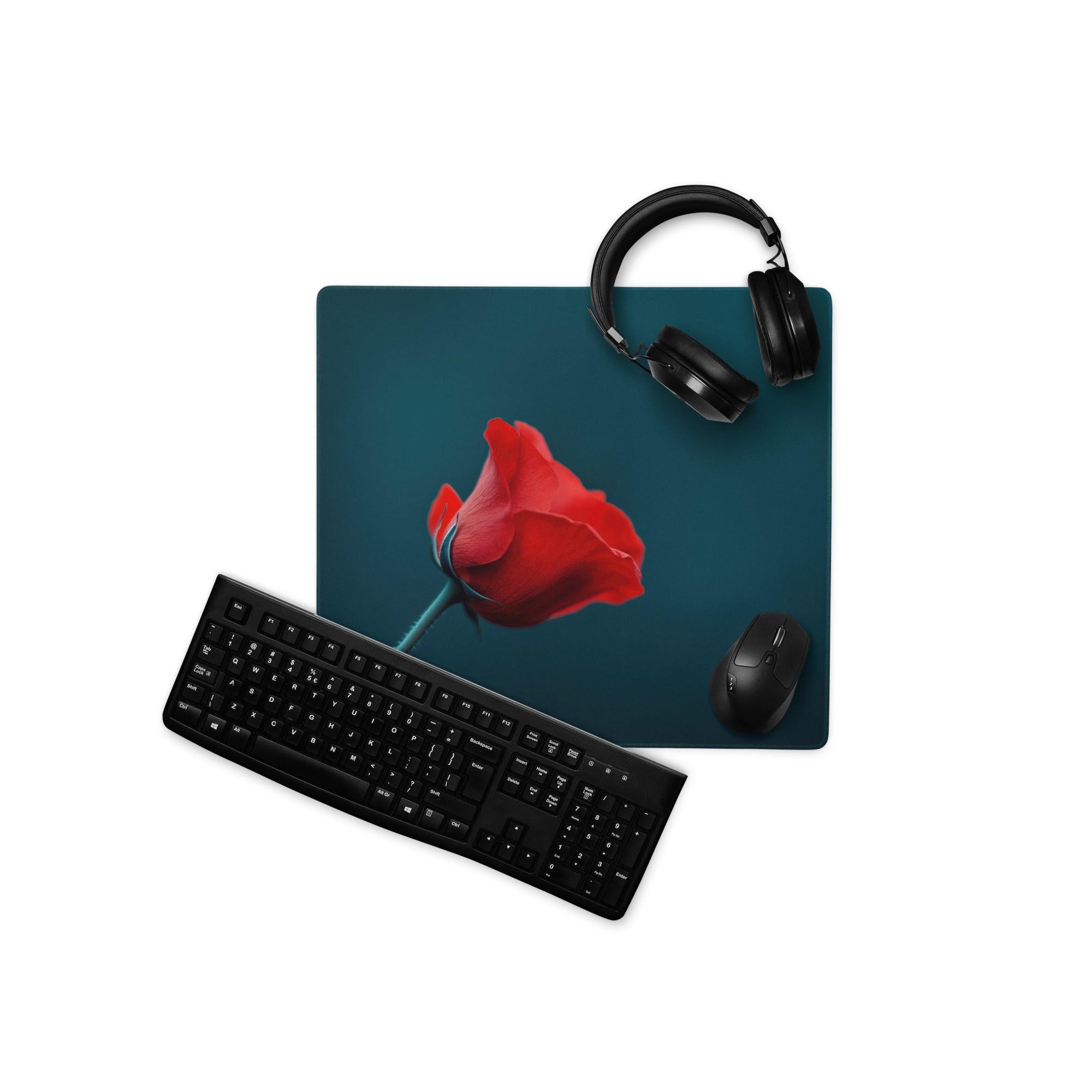 Elegant red rose on deep teal gaming mouse pad with non-slip edge stitching