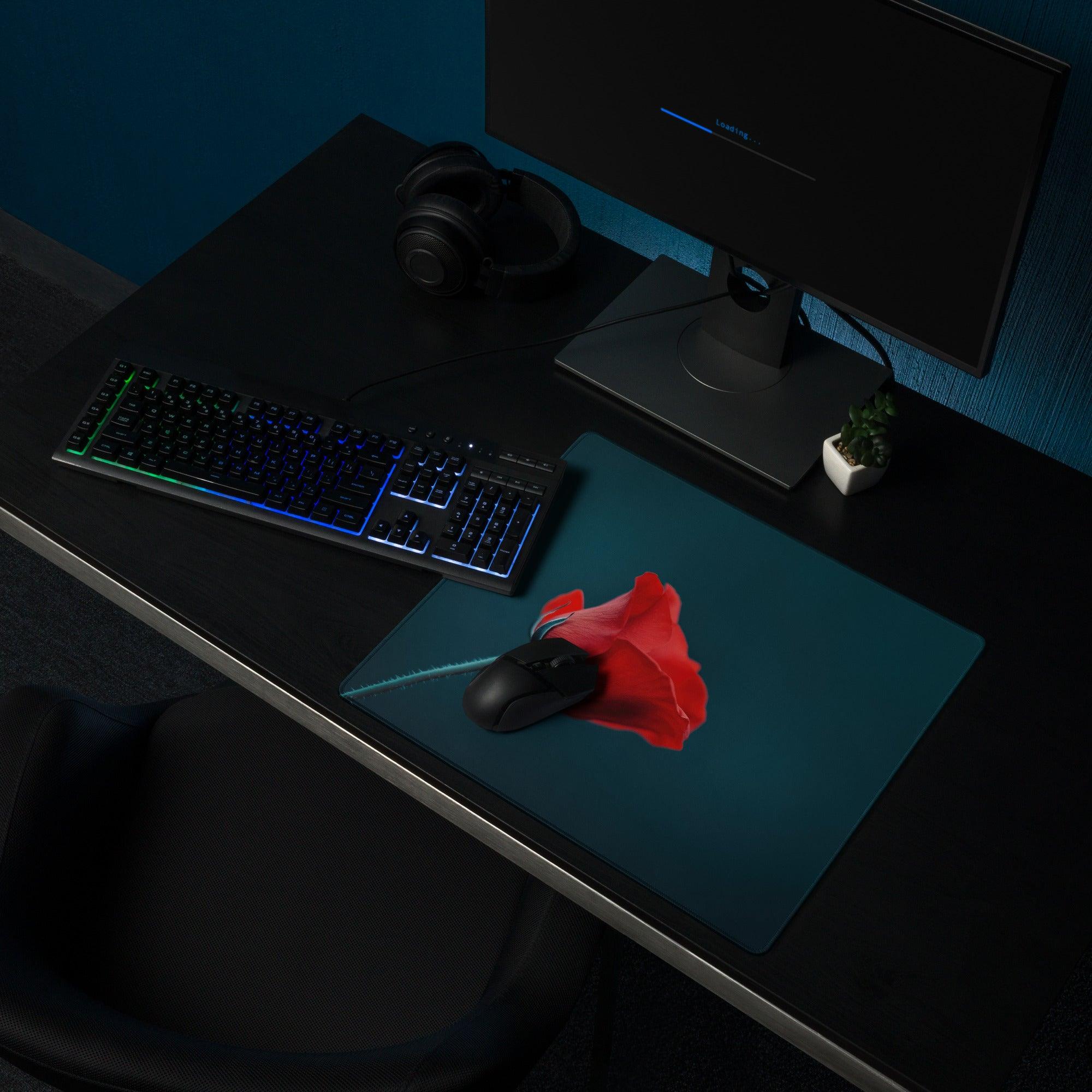 Elegant red poppy on deep teal gaming mouse pad with stitched edges