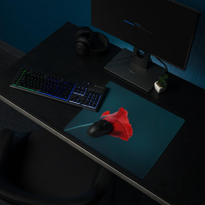 Elegant red poppy on deep teal gaming mouse pad with stitched edges