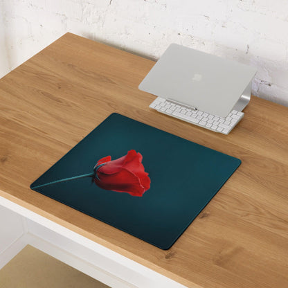 Elegant poppy on deep teal large gaming mouse pad with stitched edges