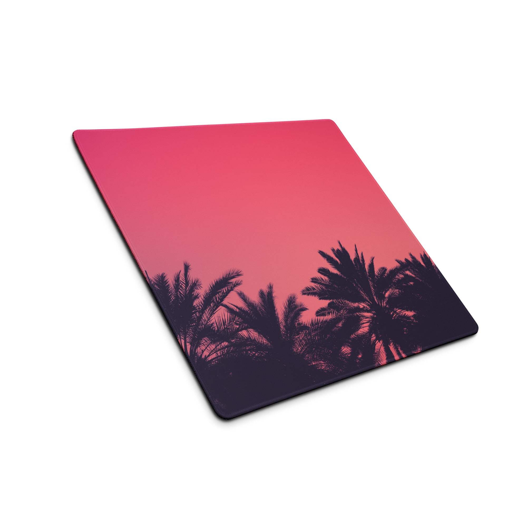 Large pink to purple sunset palm tree gaming mouse pad with non-slip base