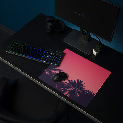 Large pink-to-purple palm sunset gaming mouse pad with non-slip base