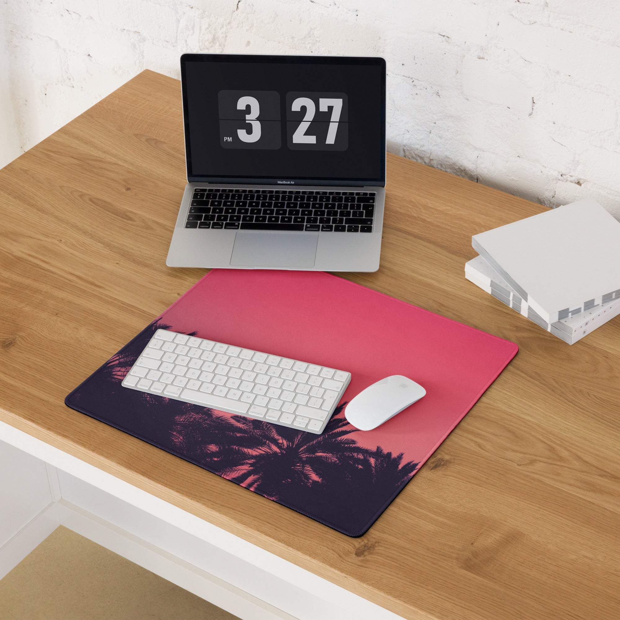 Palm Sunset Pink gaming mouse pad large vibrant pink black palm tree design