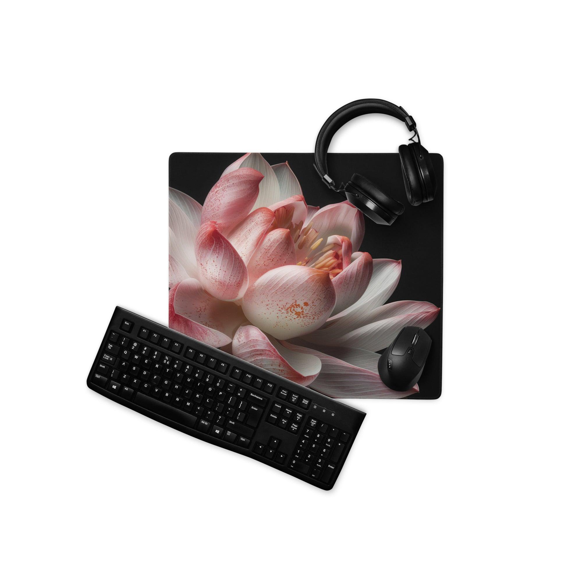 Elegant pink lotus floral large gaming mouse pad with non-slip backing