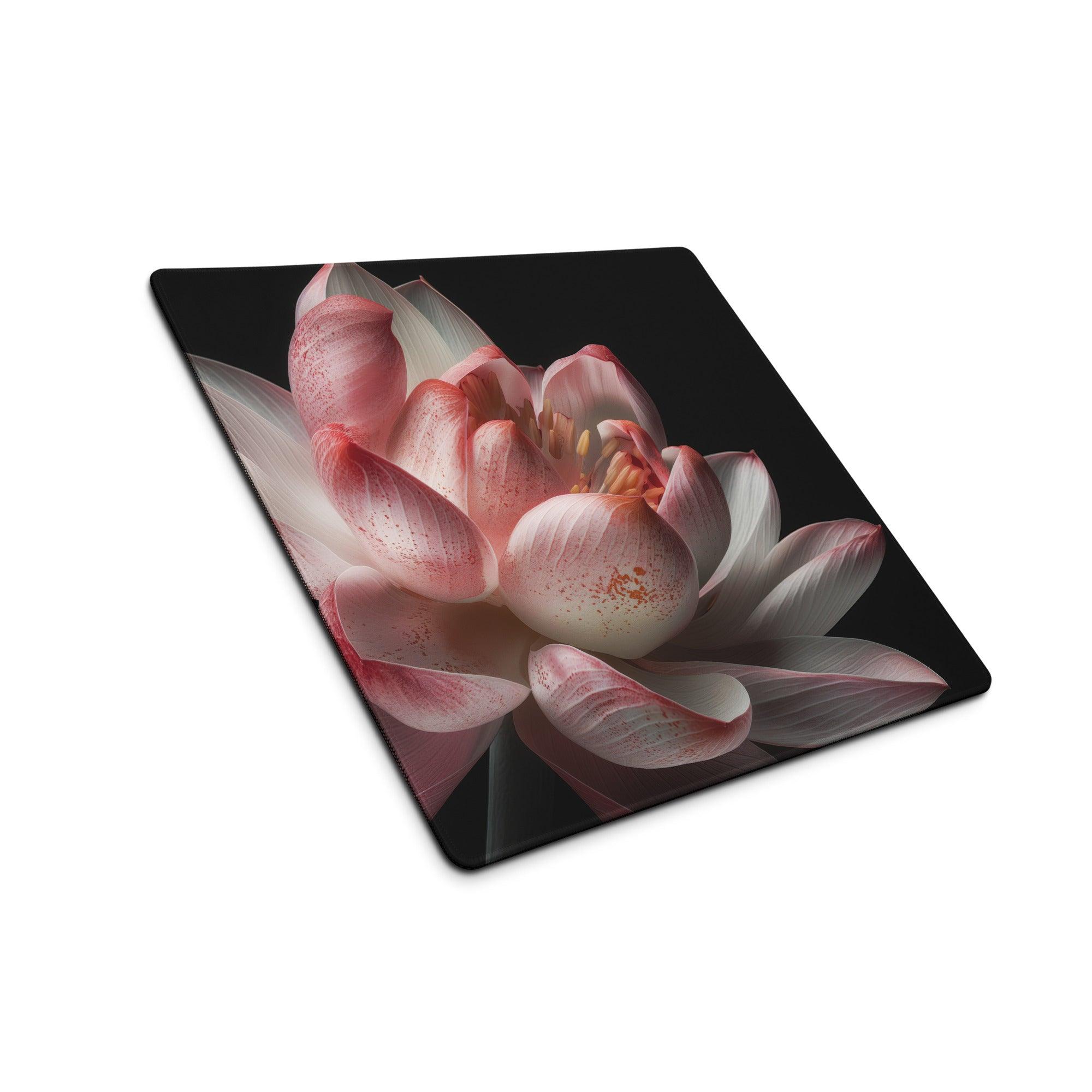 Elegant pink lotus floral large gaming mouse pad with non-slip backing