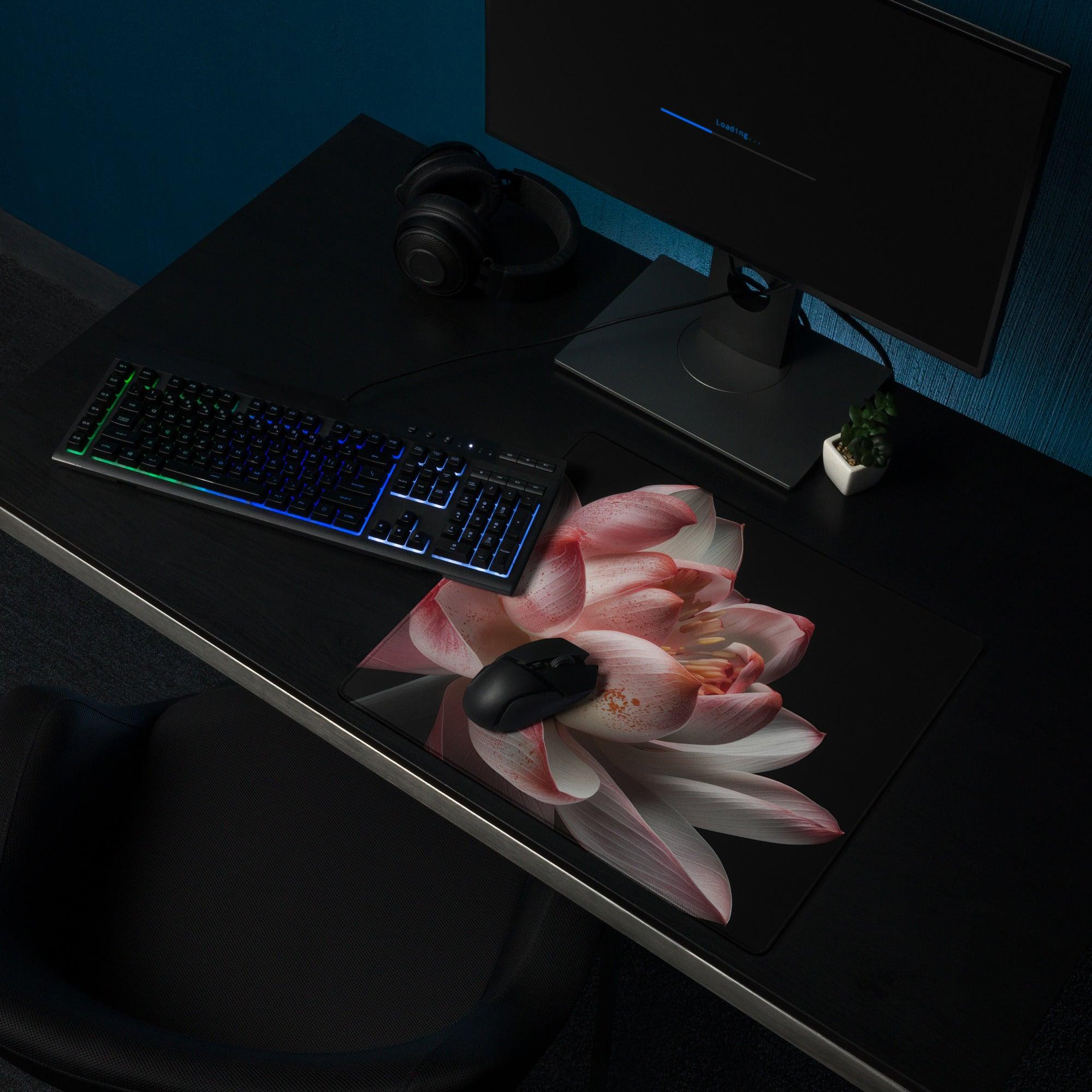 Pink lotus gaming mousepad with black mouse and non-slip backing