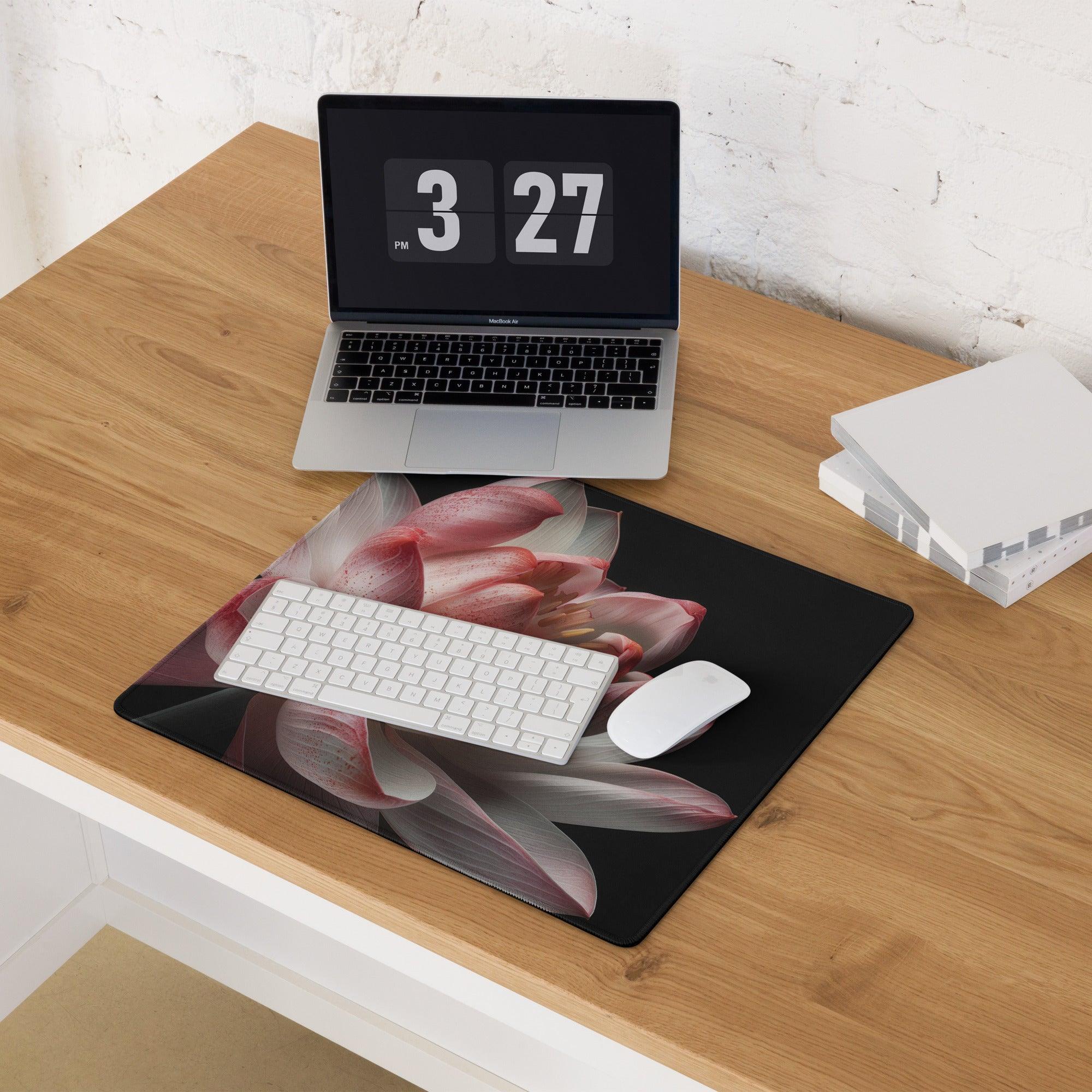 Elegant pink floral large gaming mouse pad with petals on black background