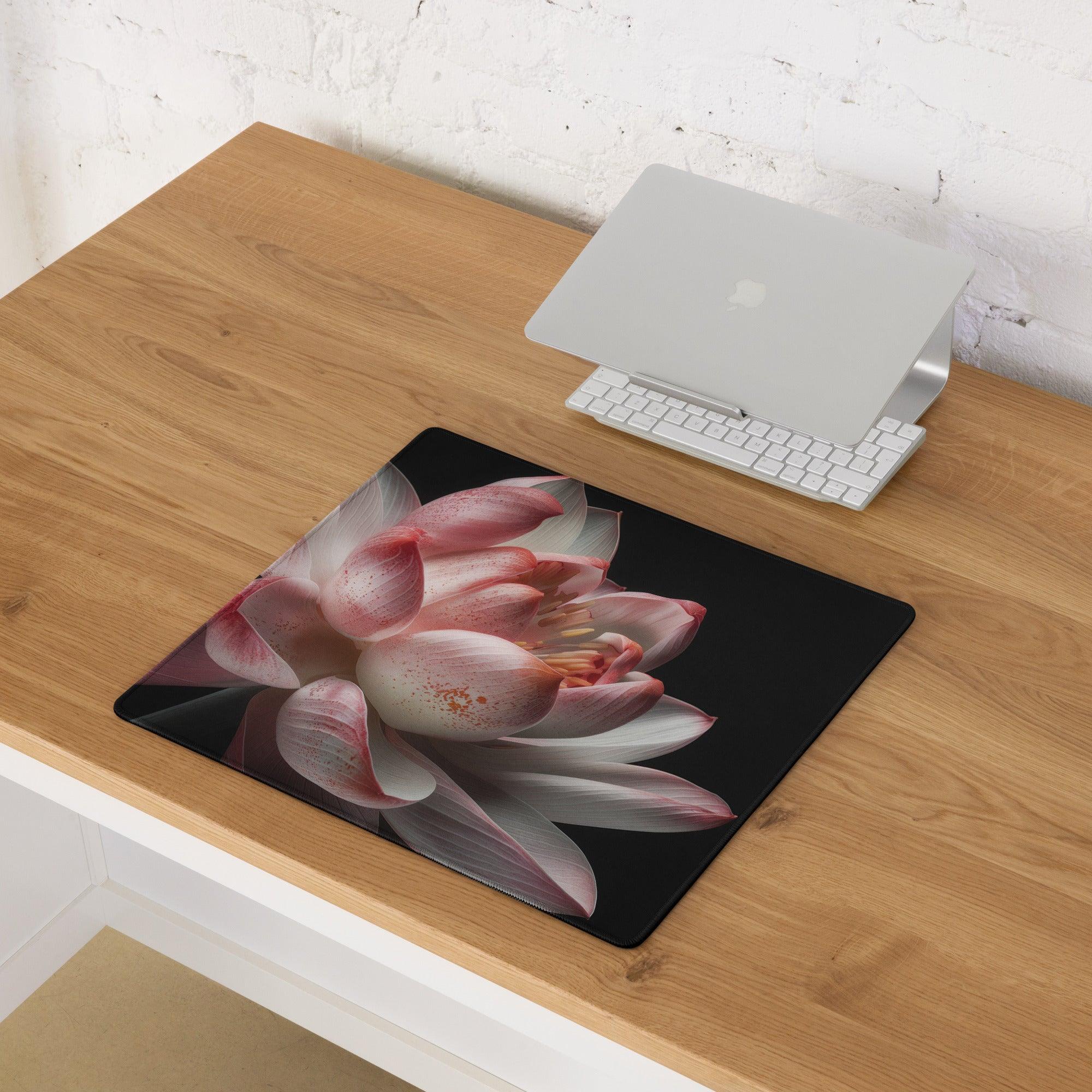 Black large gaming mouse pad with pink lotus flower design