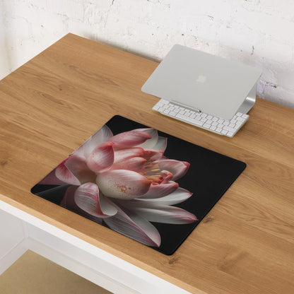 Black large gaming mouse pad with pink lotus flower design