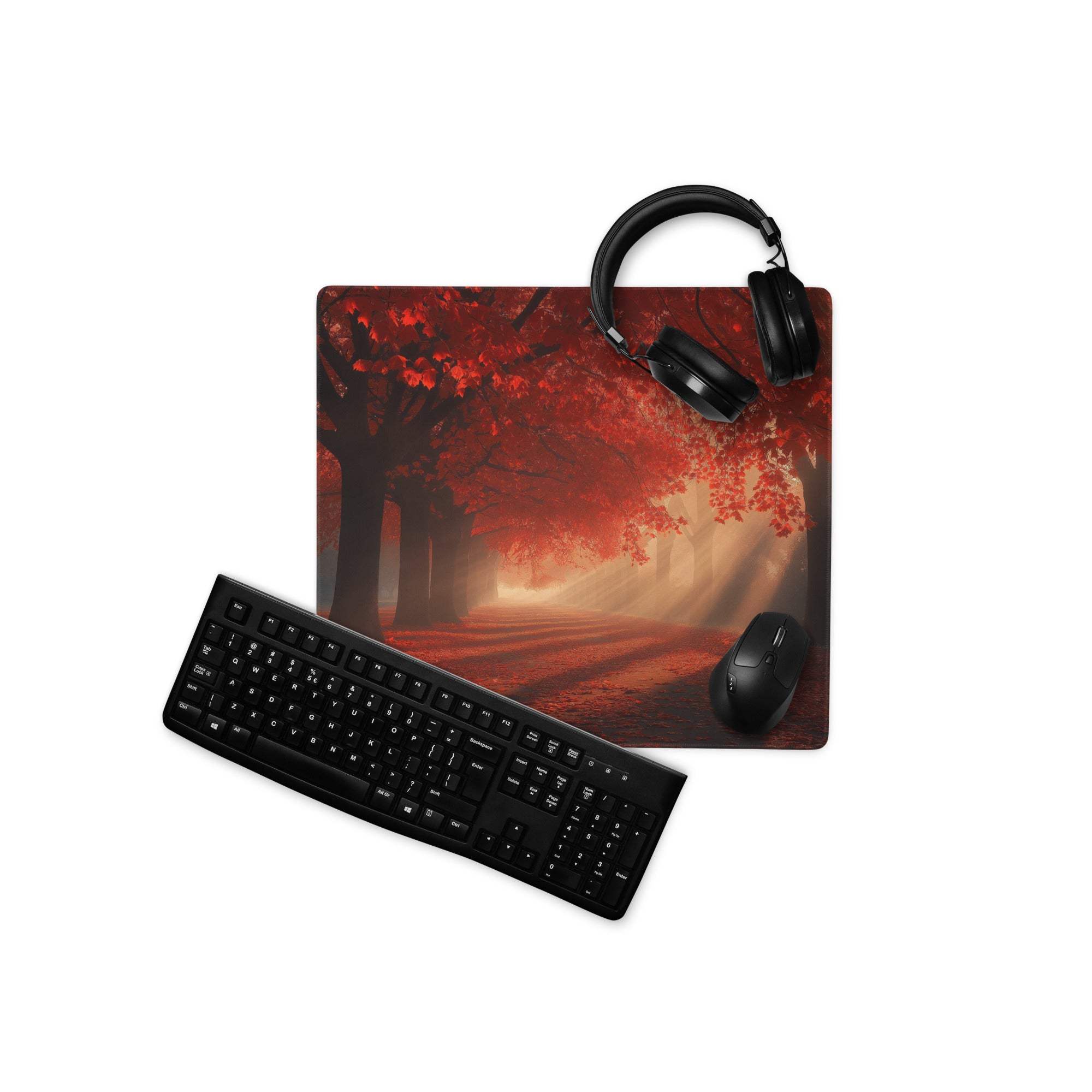 Premium large gaming mouse pad with red autumn forest, black headphones, keyboard