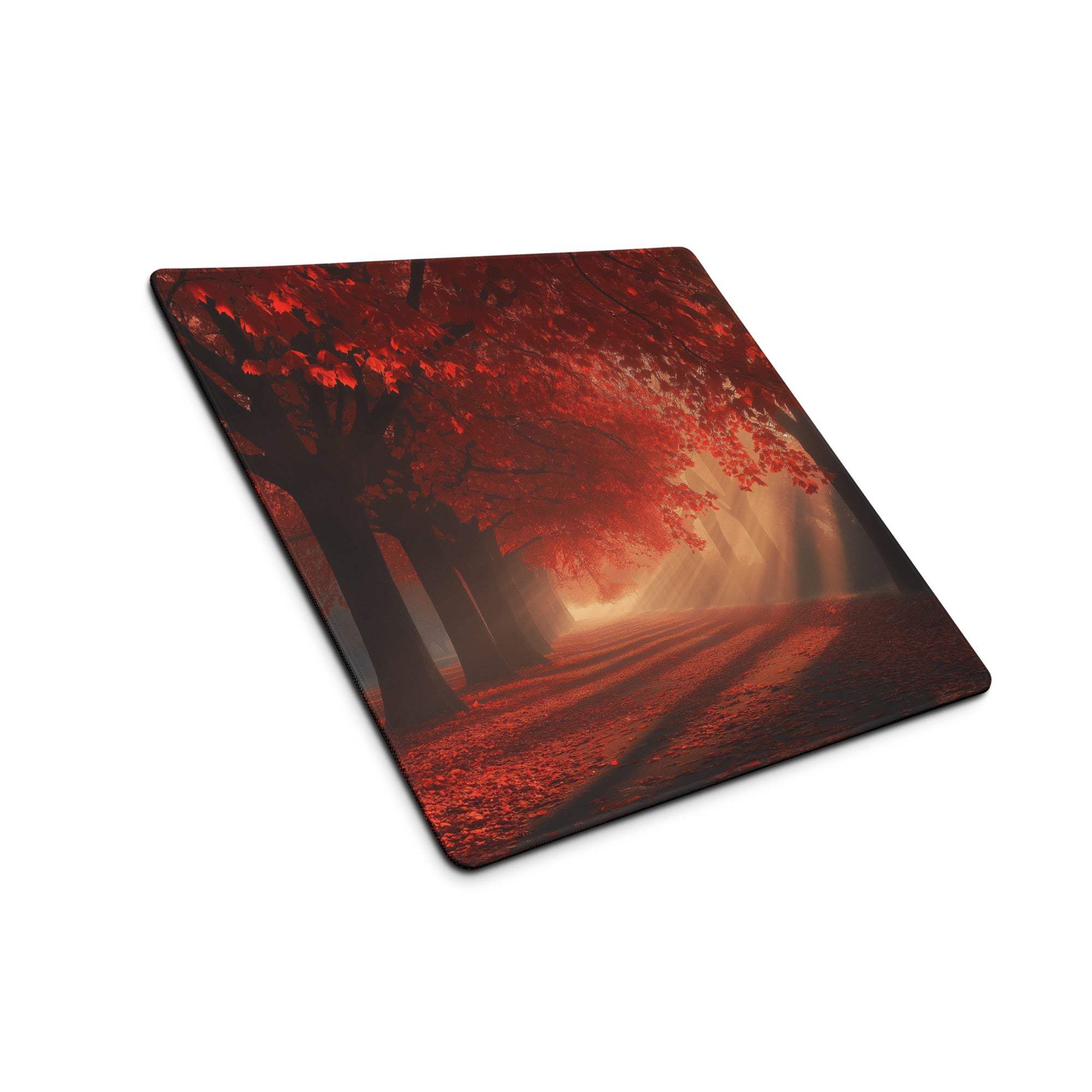 Red maple leaf forest pathway on premium autumn gaming mouse pad