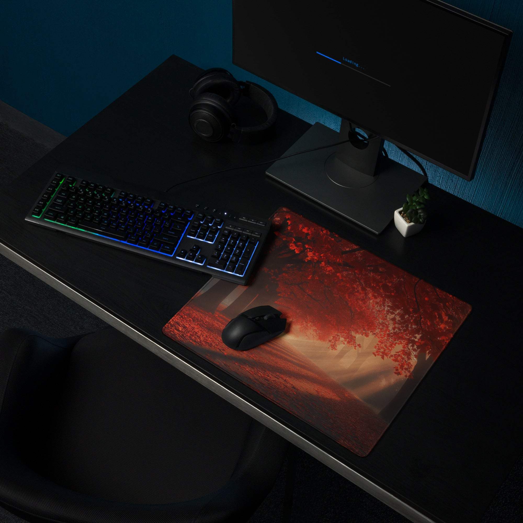 Premium large gaming mouse pad with vivid red autumn forest scene and non-slip base