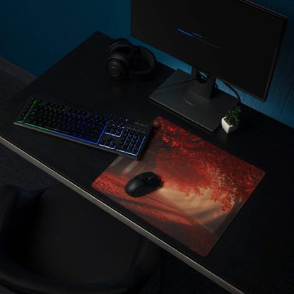 Premium large gaming mouse pad with vivid red autumn forest scene and non-slip base