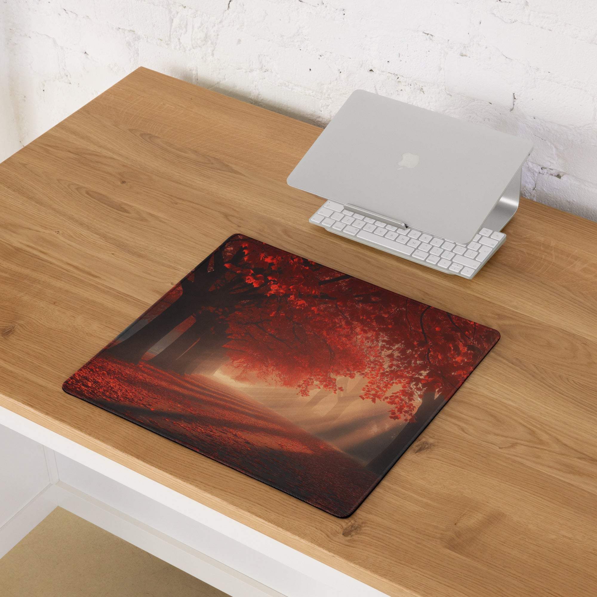 Premium large gaming mouse pad with red autumn forest and golden light