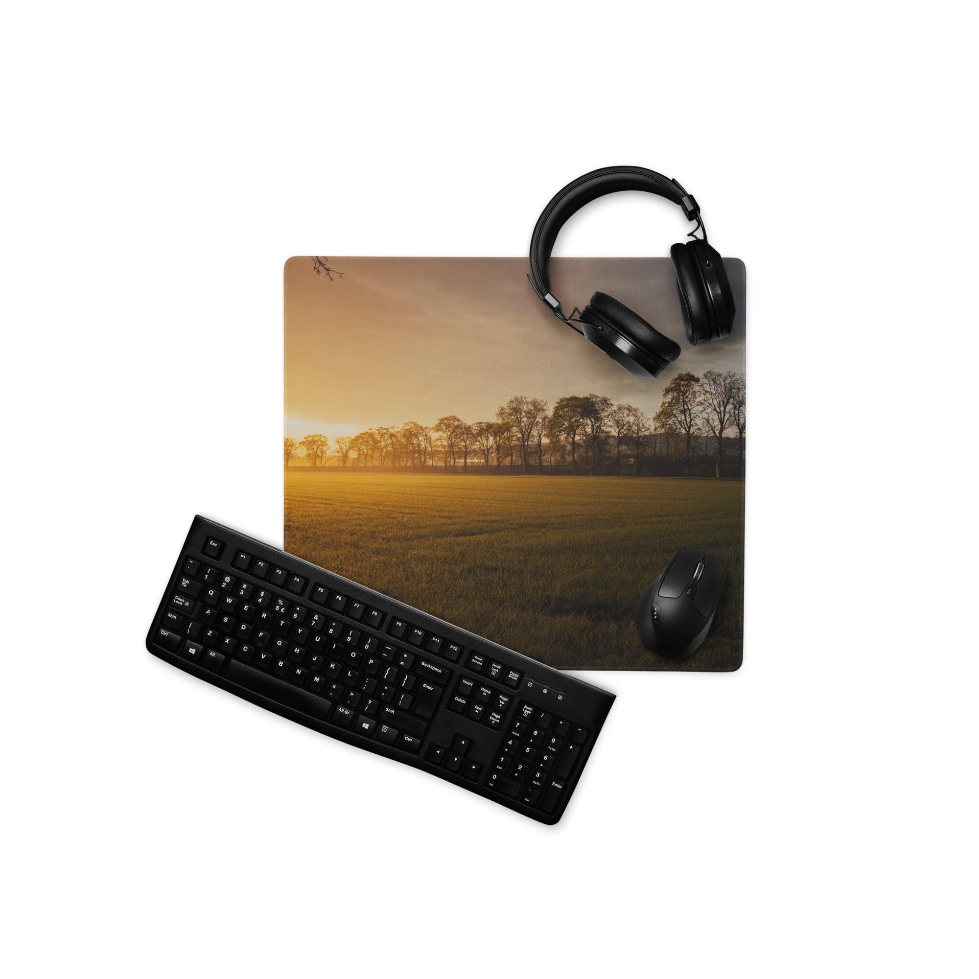 Golden hour sunrise landscape on large gaming mouse pad with non-slip base