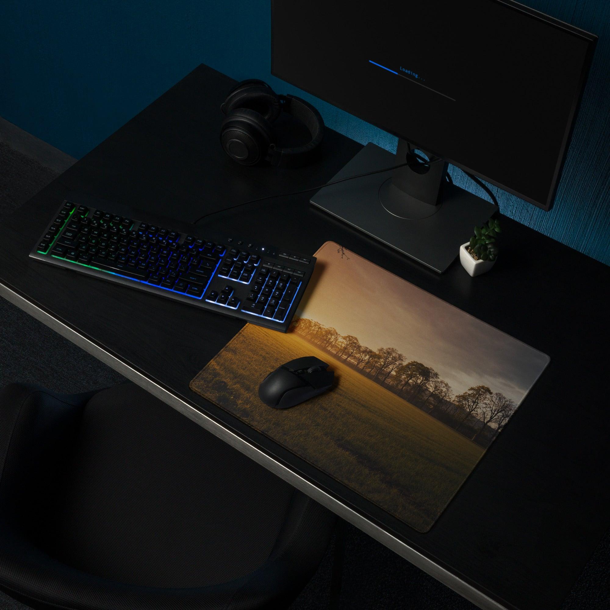 Golden Hour Sunset Landscape Gaming Mouse Pad with trees, non-slip base, stitched edges