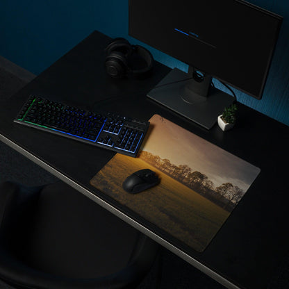 Golden Hour Sunset Landscape Gaming Mouse Pad with trees, non-slip base, stitched edges