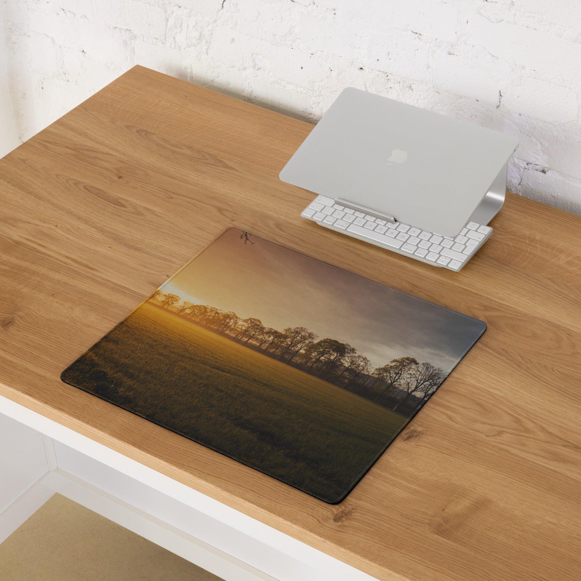 Golden Hour Sunset Landscape gaming mouse pad with non-slip base and stitched edges