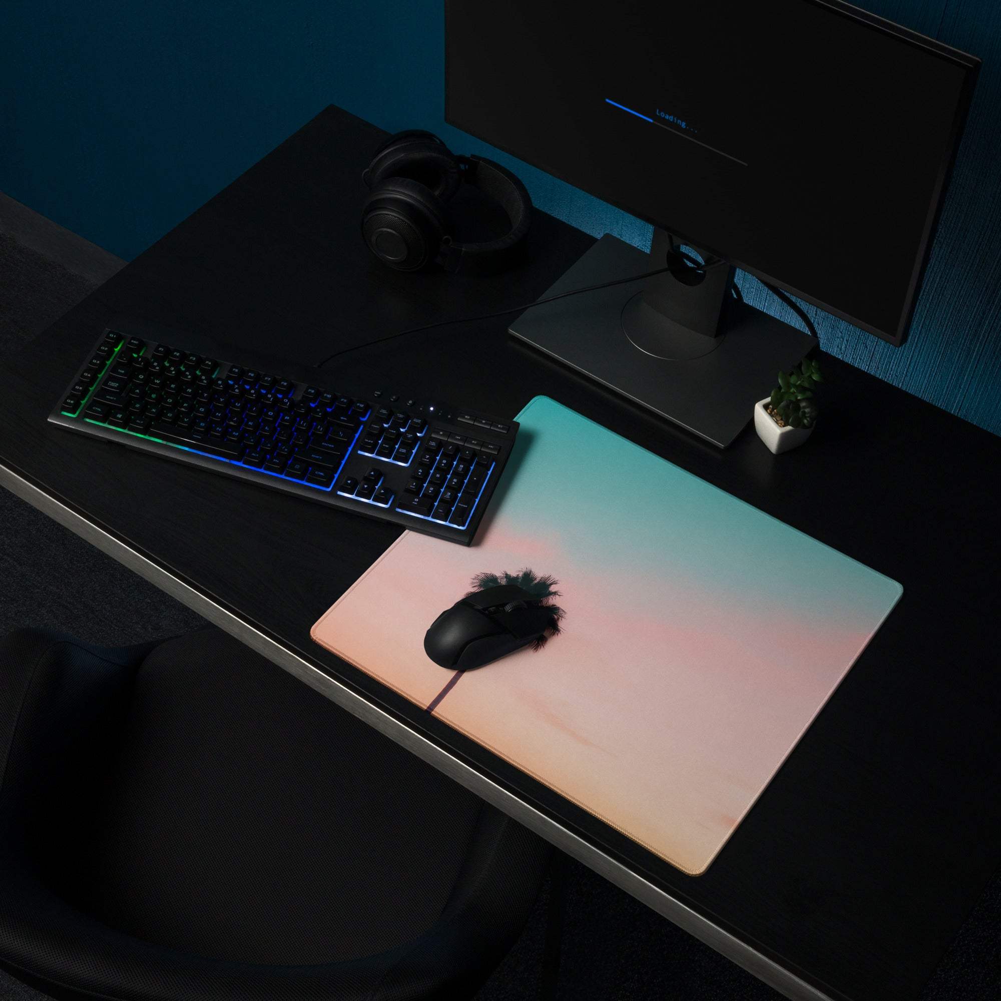 Pastel sunset palm tree large gaming mouse pad with pink teal gradient